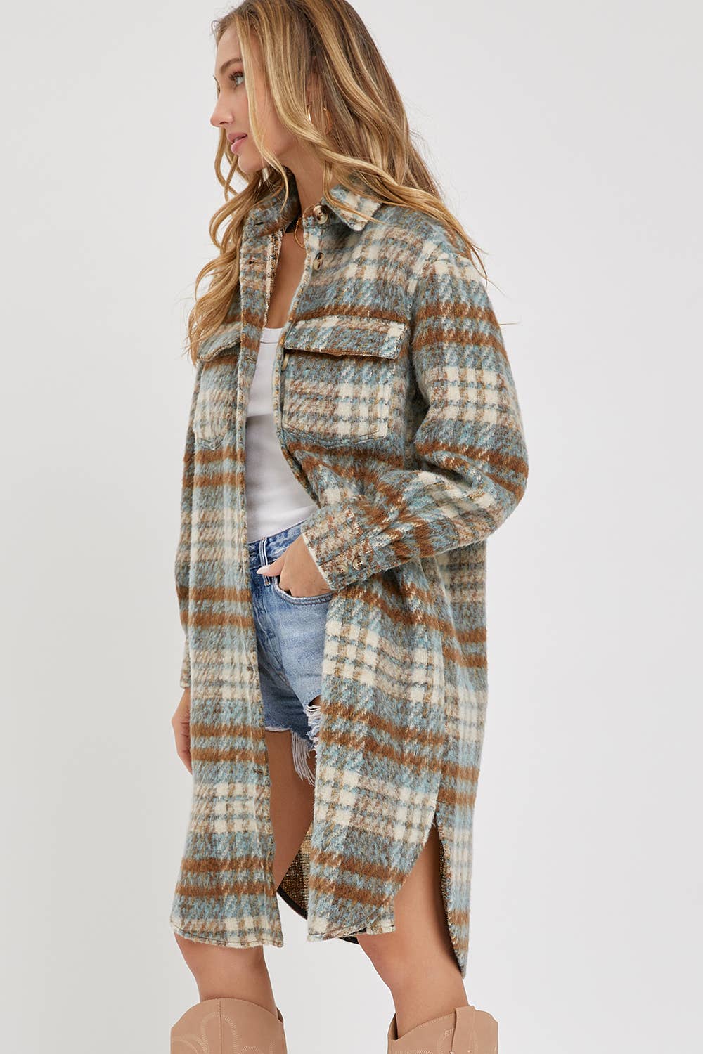 PLAID SHACKET: TEAL BROWN