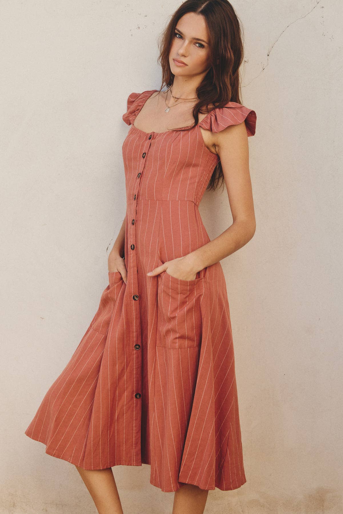 Pinstripe Flutter Sleeve Midi Dress