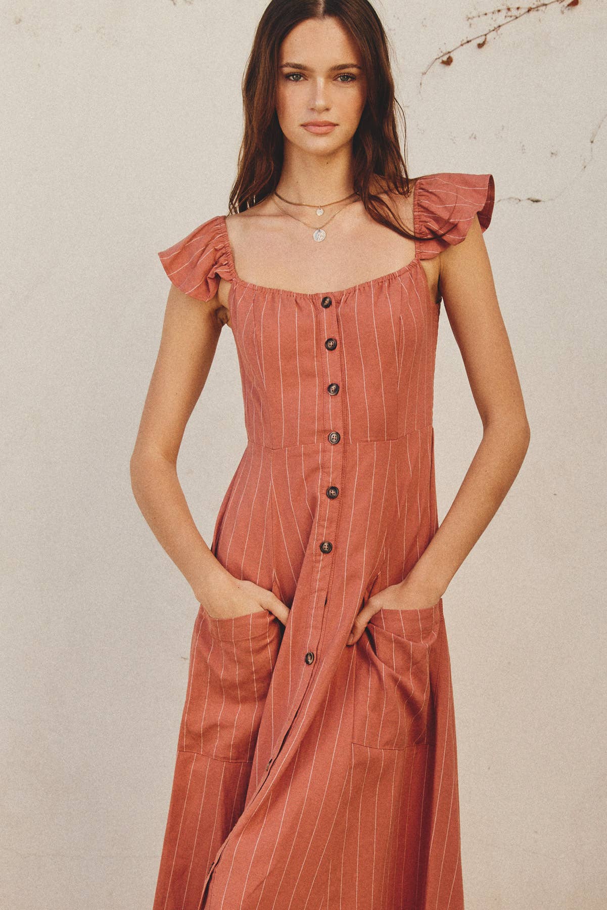 Pinstripe Flutter Sleeve Midi Dress