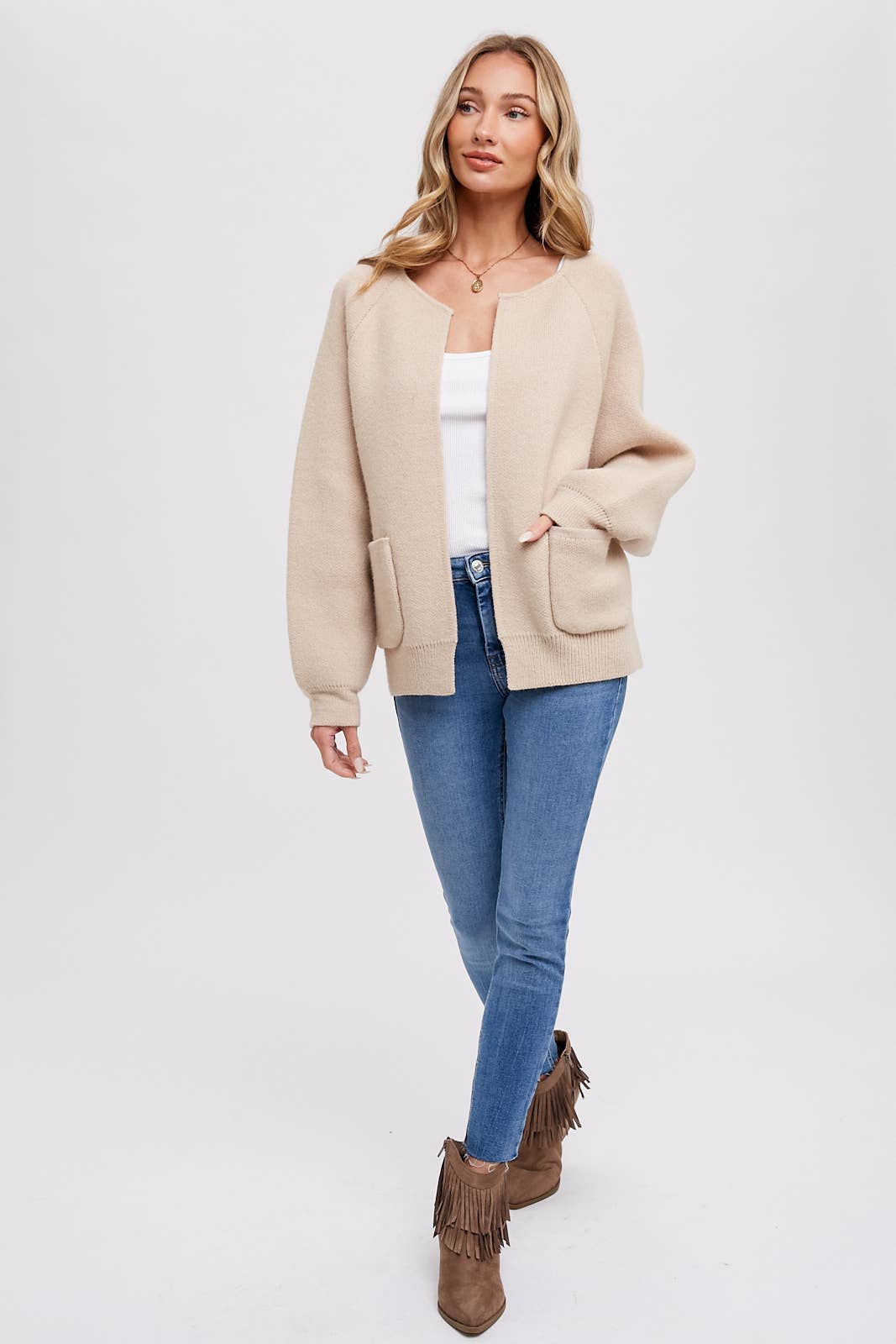 OPEN FRONT SWEATER JACKET: OATMEAL