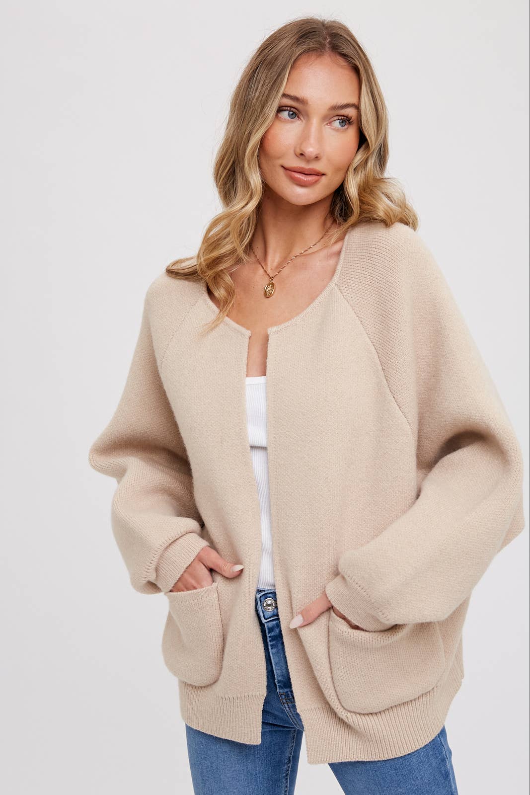 OPEN FRONT SWEATER JACKET: OATMEAL