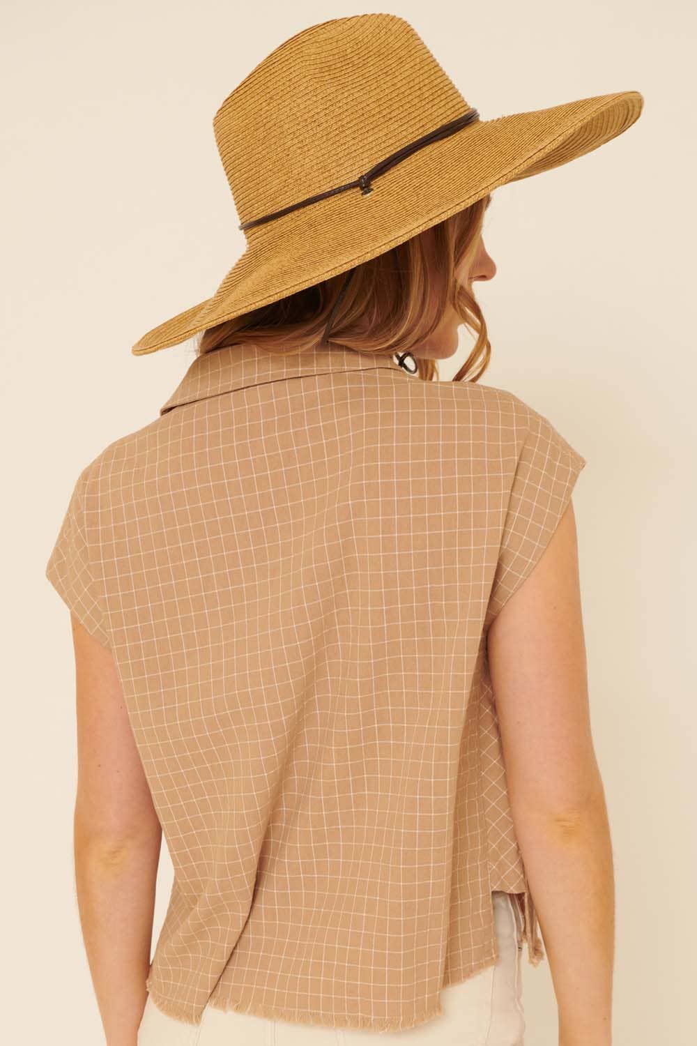 Plaid Notch Lapel Cap Sleeve Button-Up Shirt: Sand