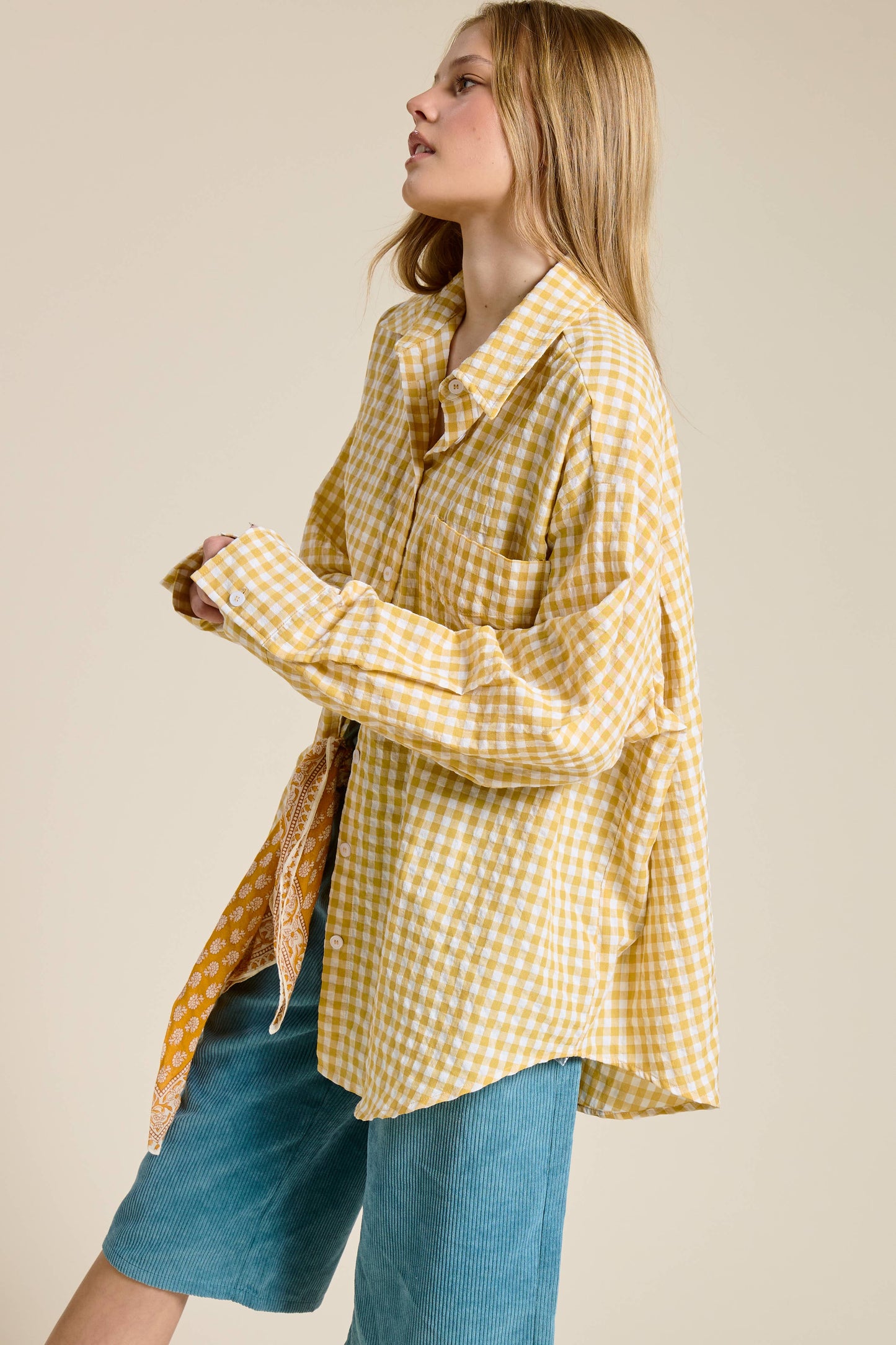 Oversized Gingham Button Down Shirt: Gold