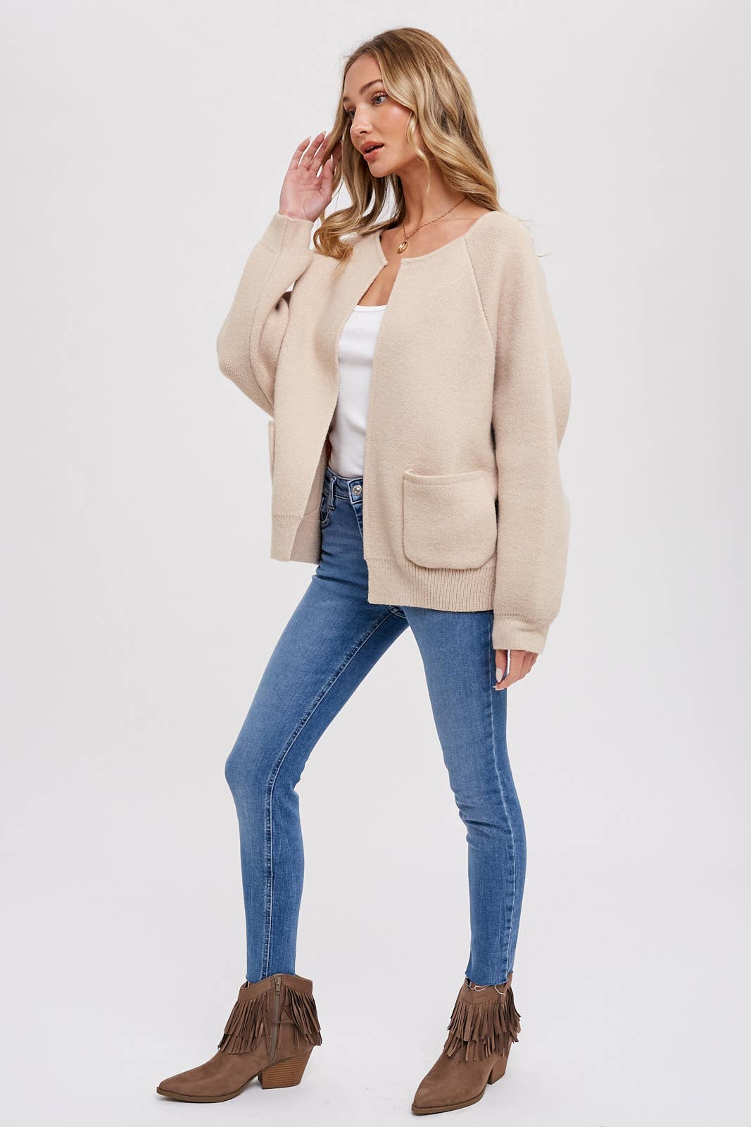 OPEN FRONT SWEATER JACKET: OATMEAL