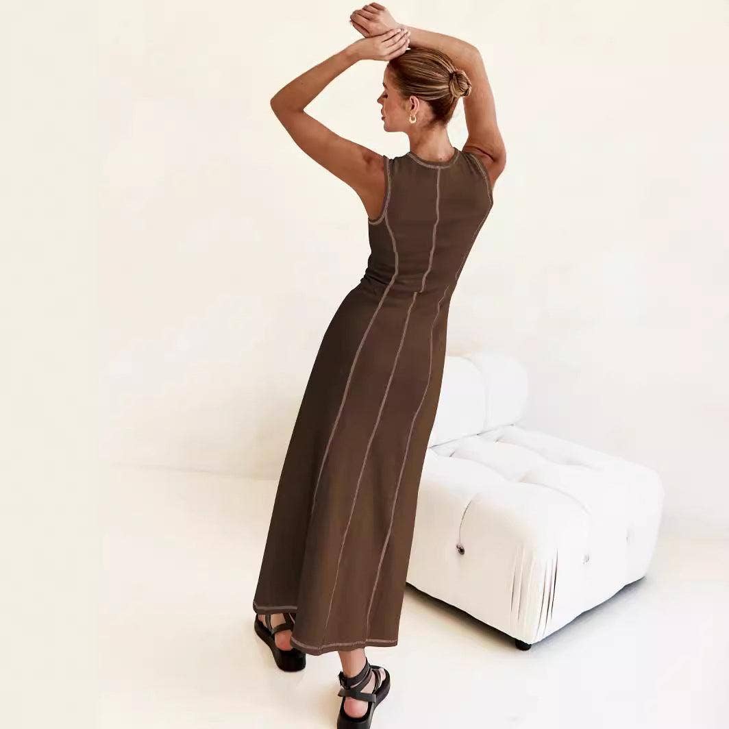 Ladies Stitch Ribbed Knit Midi Tank Dress: Brown