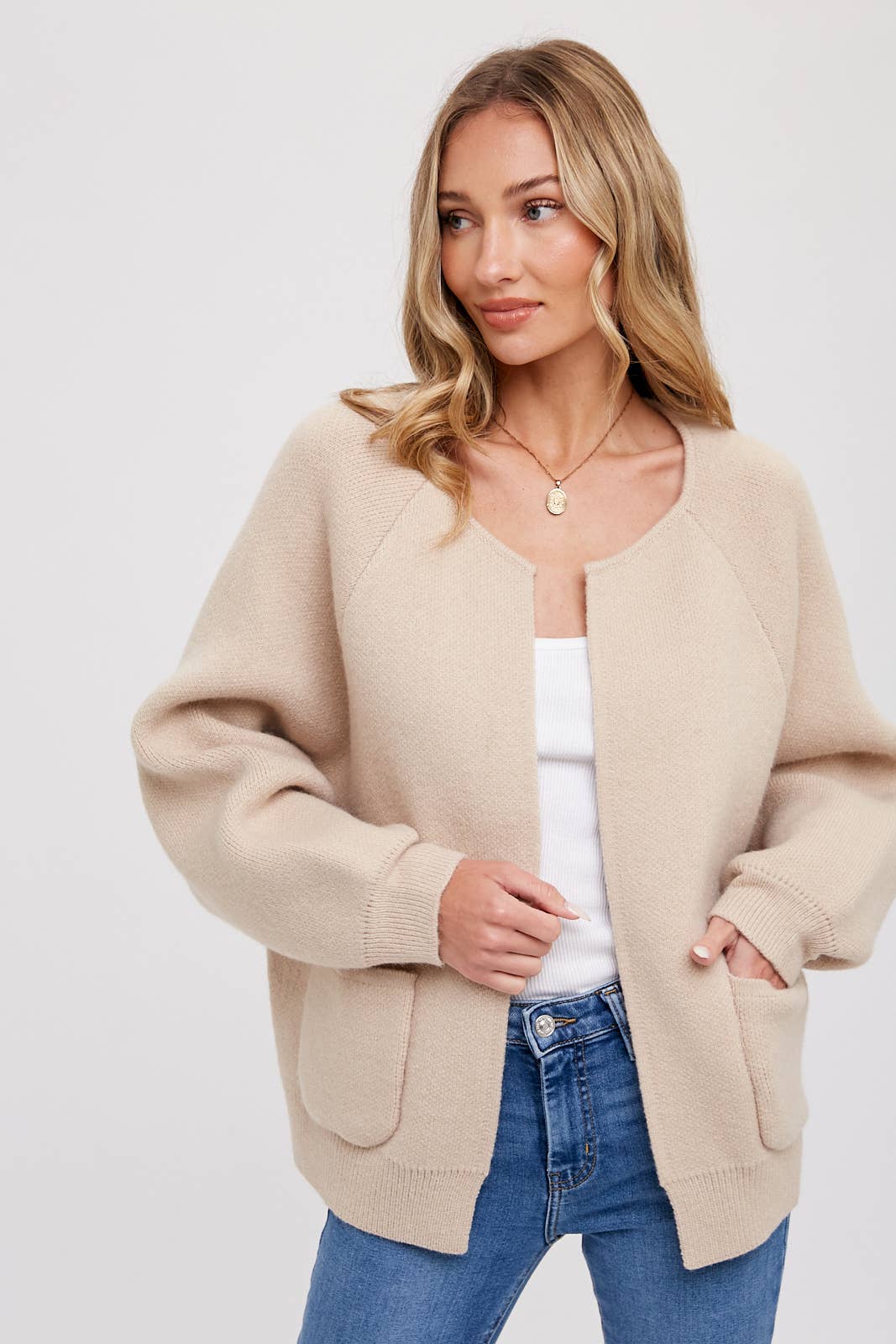 OPEN FRONT SWEATER JACKET: OATMEAL