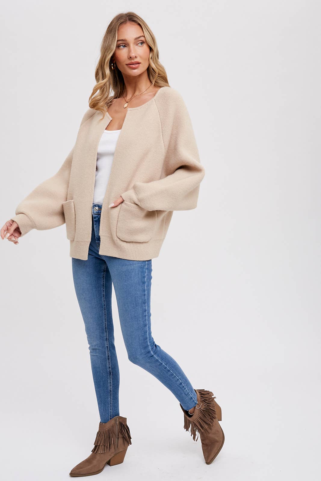 OPEN FRONT SWEATER JACKET: OATMEAL