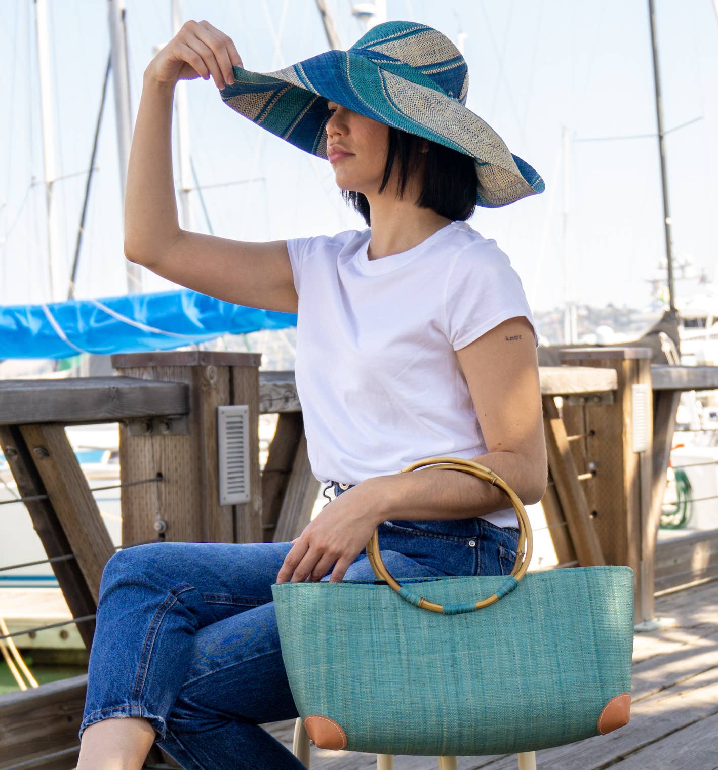 Bebe Straw Handbag with Bamboo Handles: Turquoise