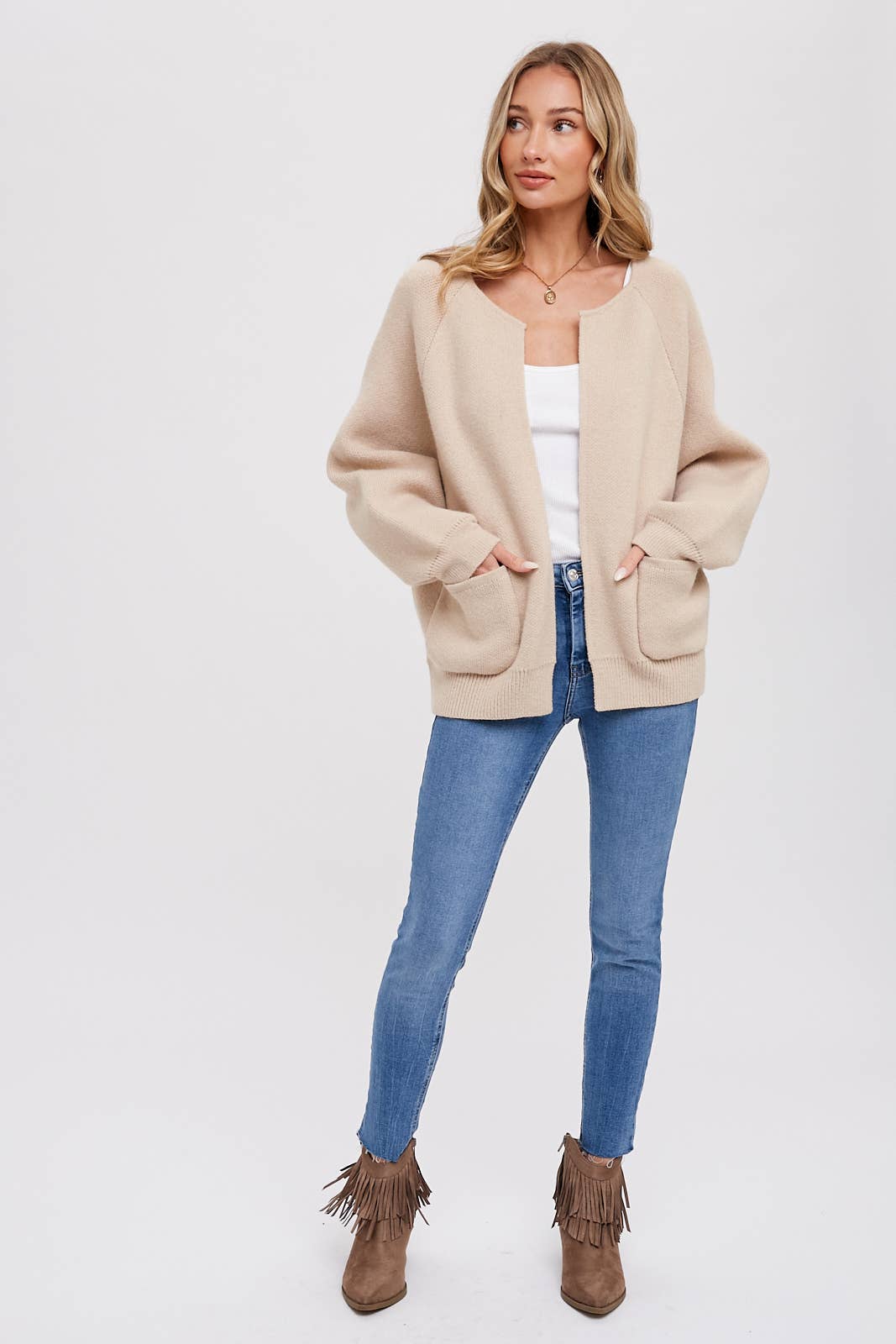 OPEN FRONT SWEATER JACKET: OATMEAL