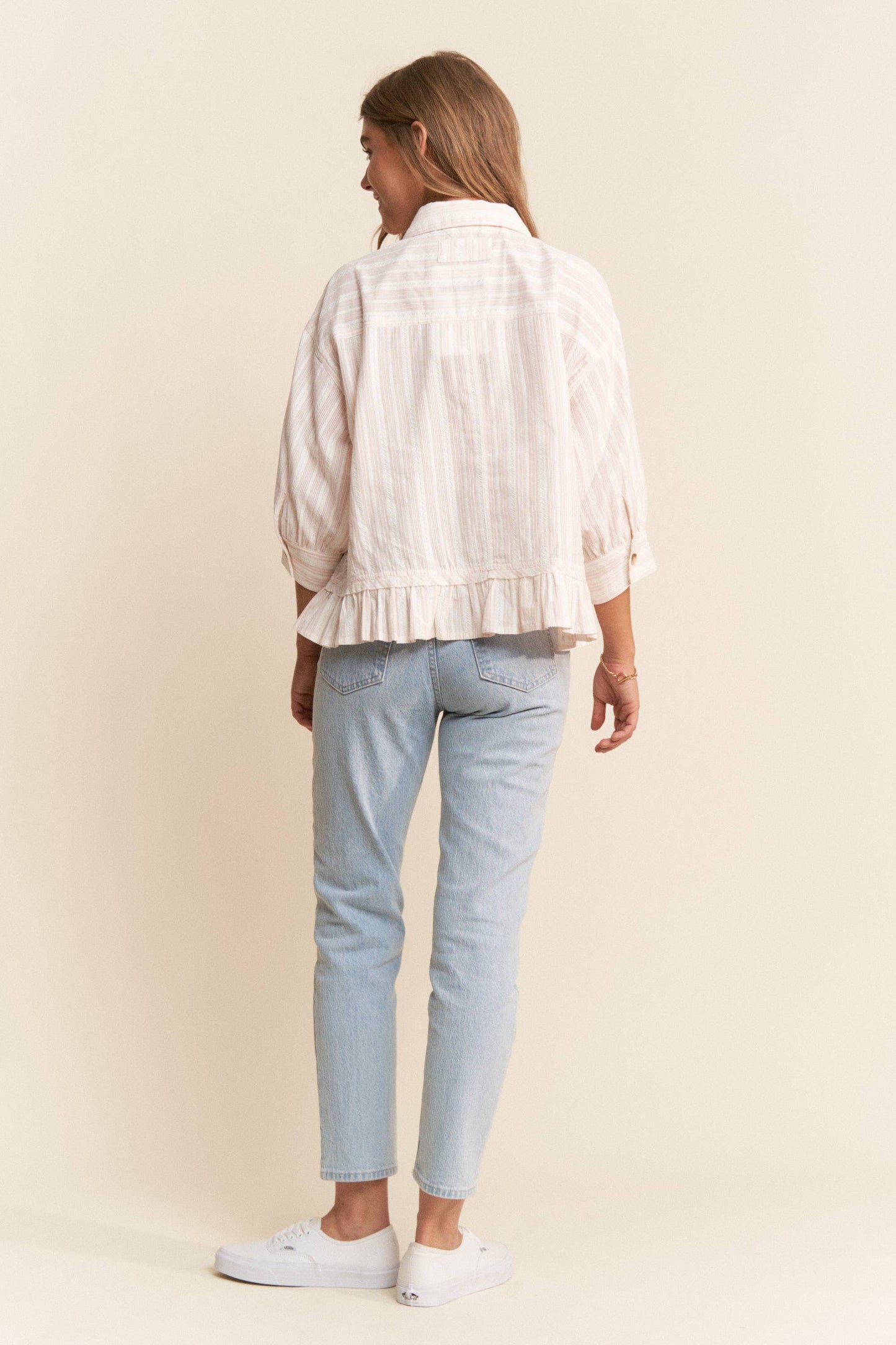 Stripe Jacquard Button Up Pleated Top: Light Pink