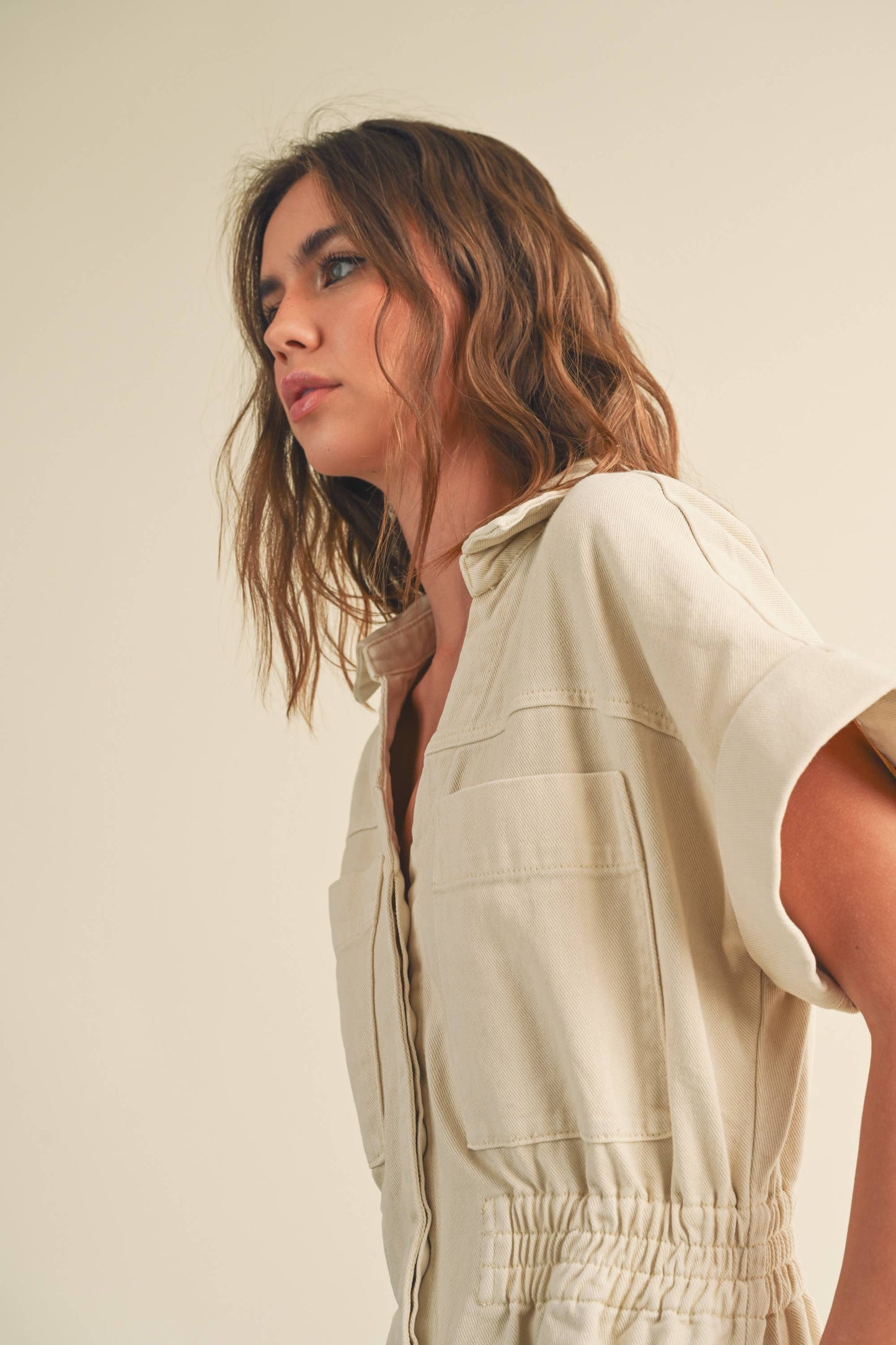 COTTON SHORT SLEEVE JUMPSUIT: Beige