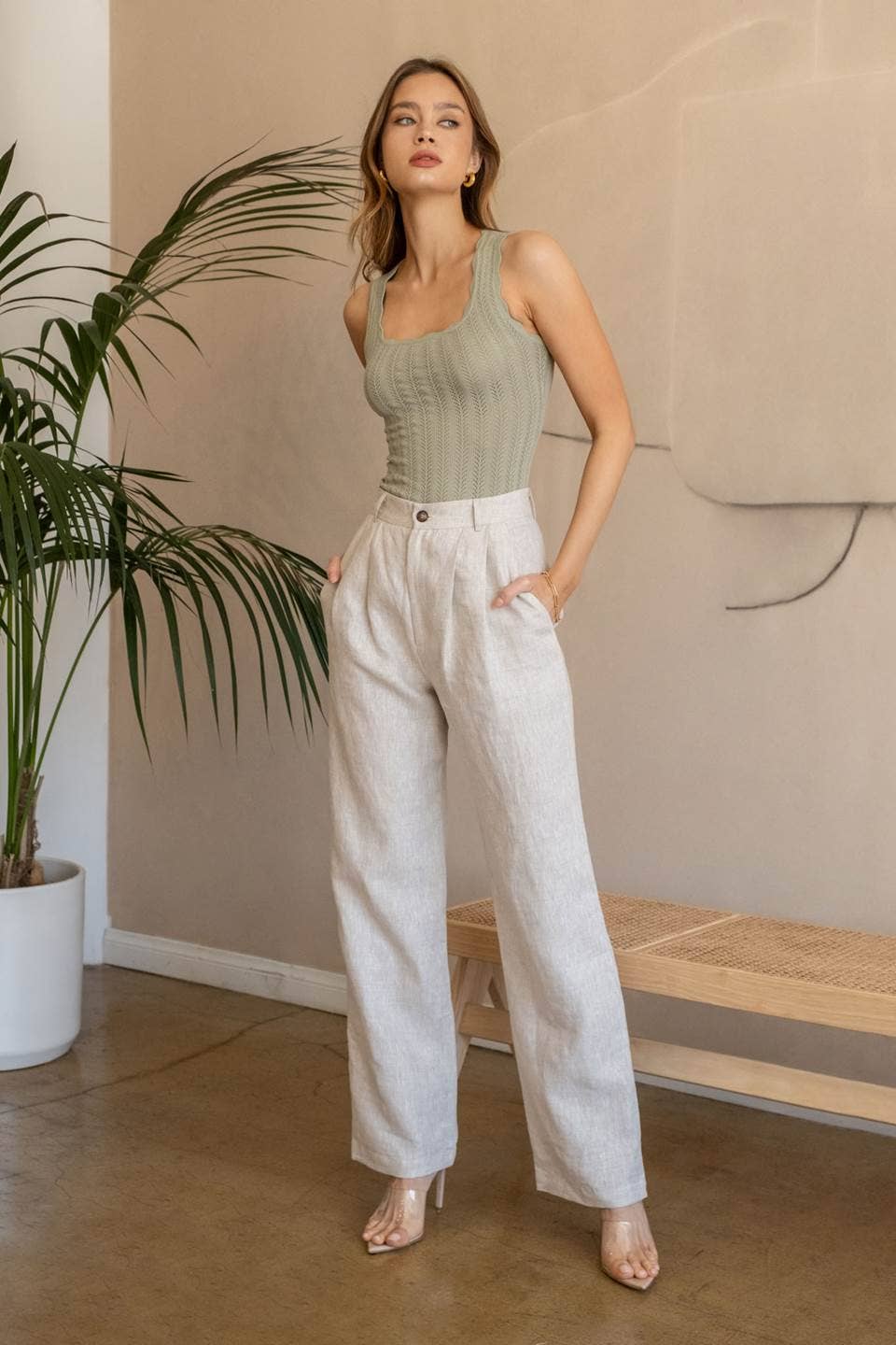 Scallop Edge Tank Top: Light Olive