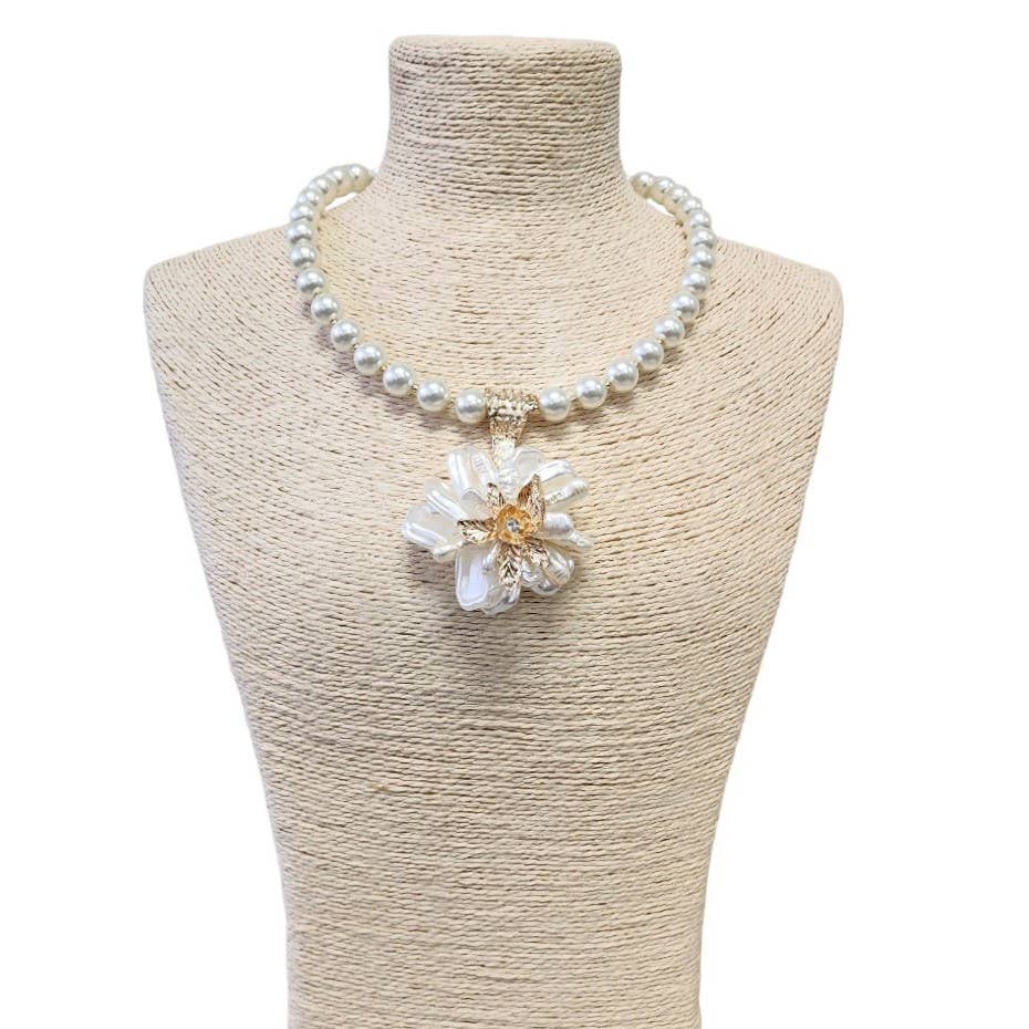 Ivory & Gold Flower Round Pearl Necklace