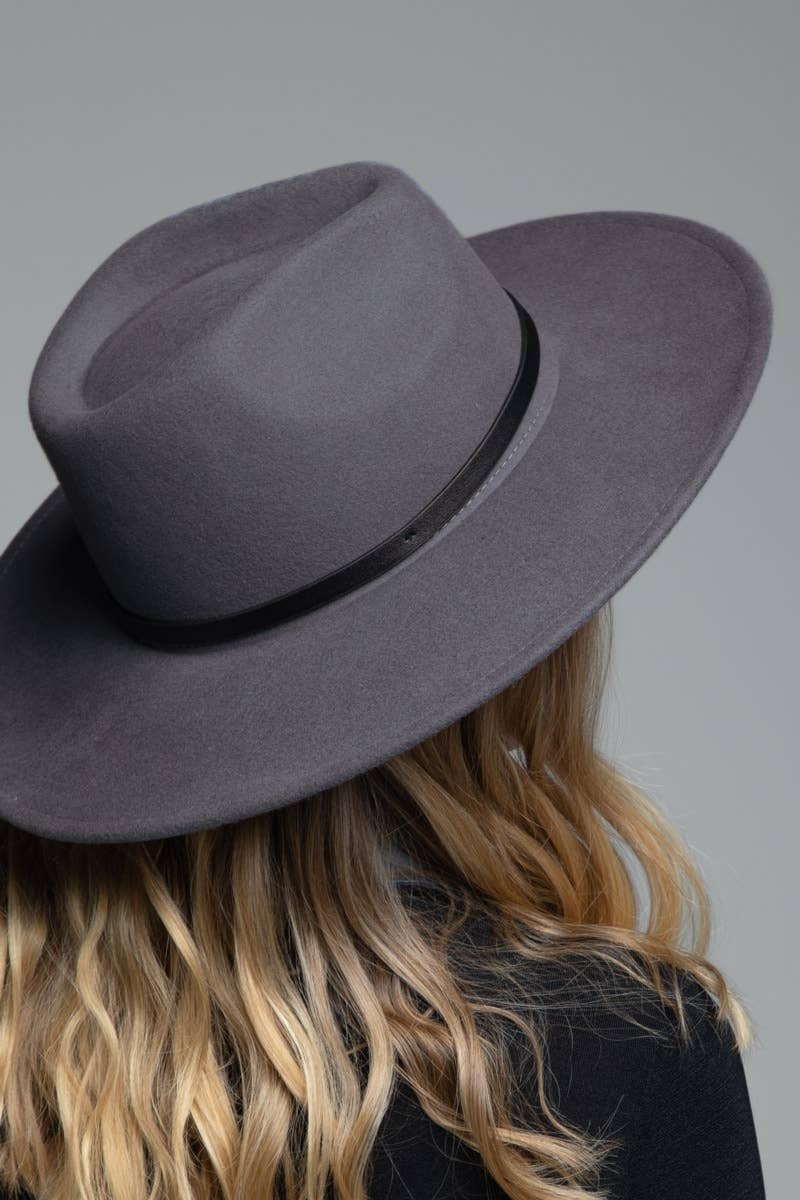 100% Wool Leather Trim Panama Hat: Grey