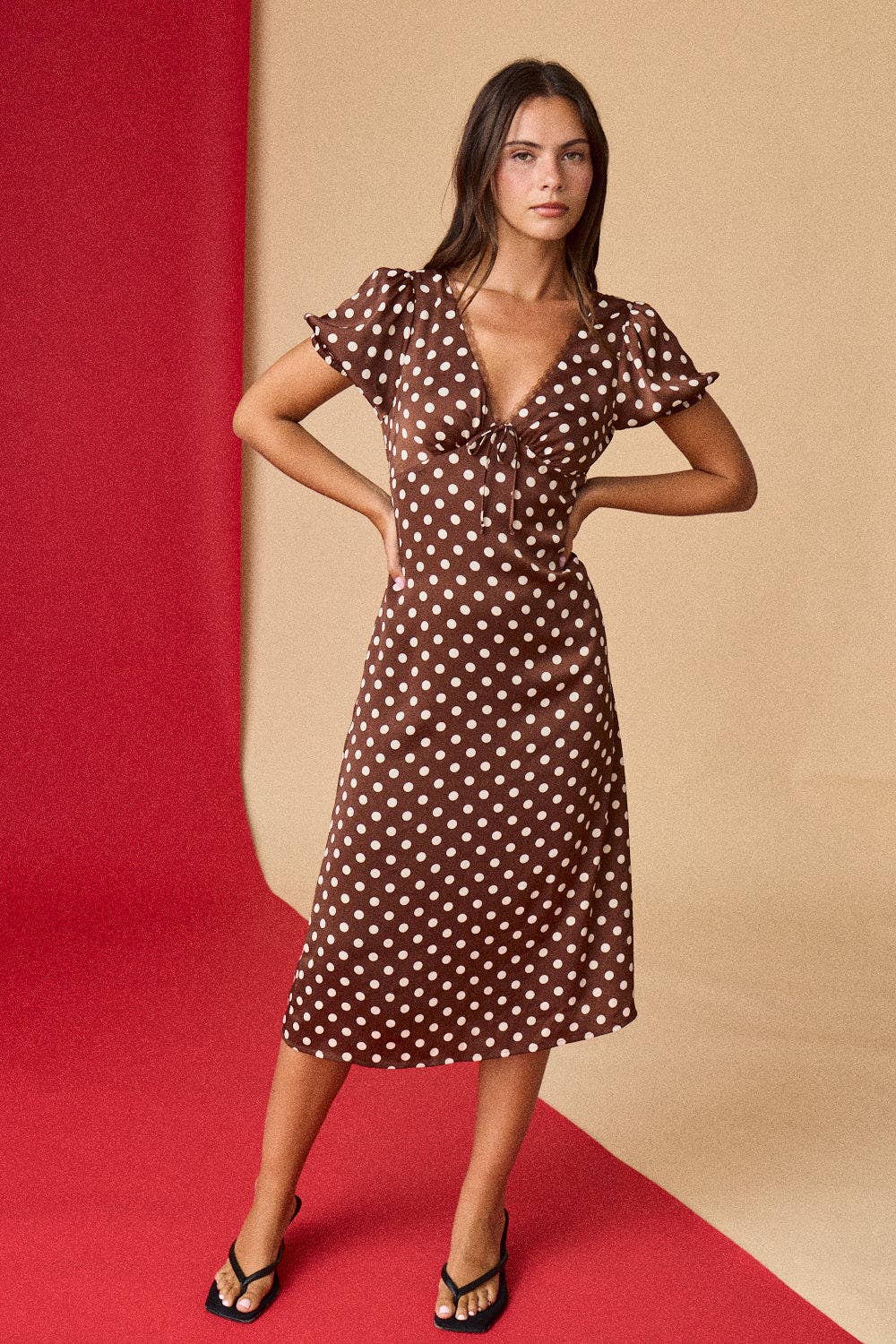 Polka Dot Midi Dress: Brown