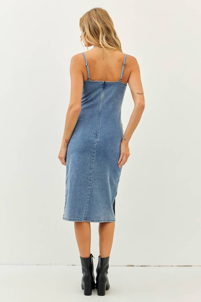 DENIM DRESS WITH FRONT SLIT AND LACE