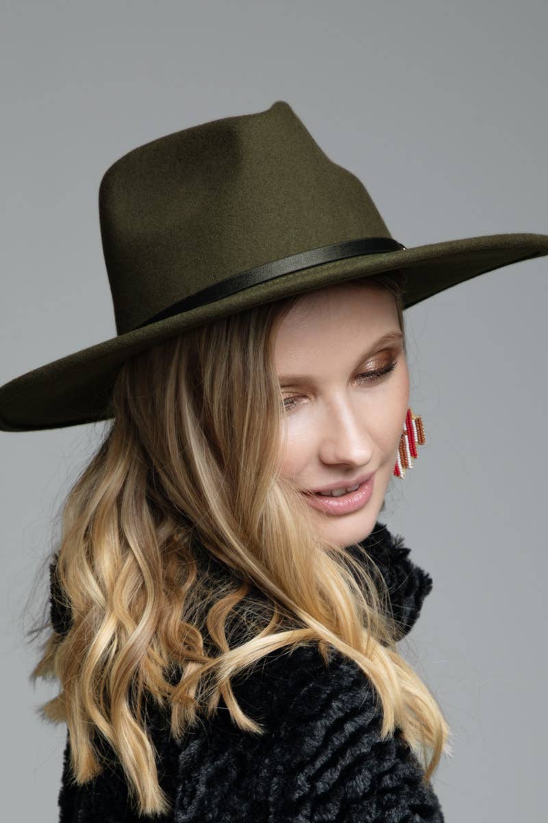100% Wool Leather Trim Panama Hat: Olive