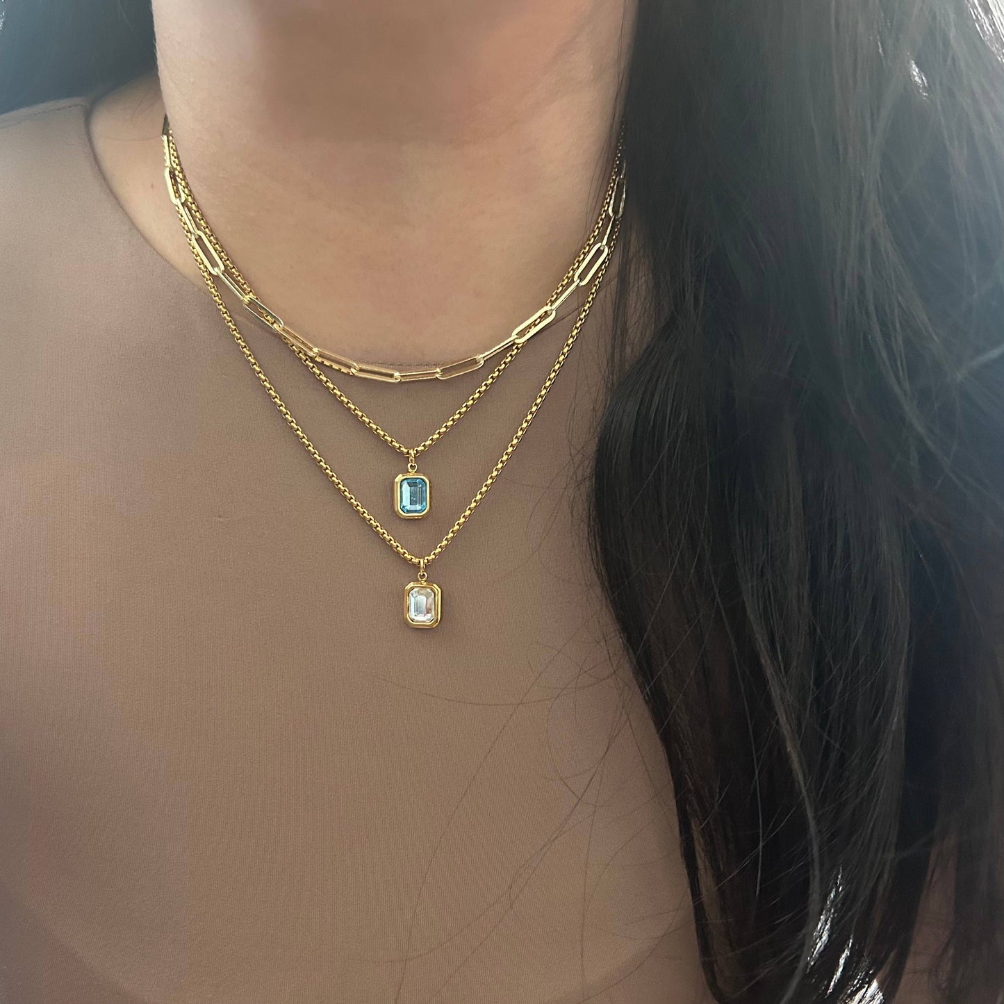 Clear Glass Pendant layering necklace 18k gold plated