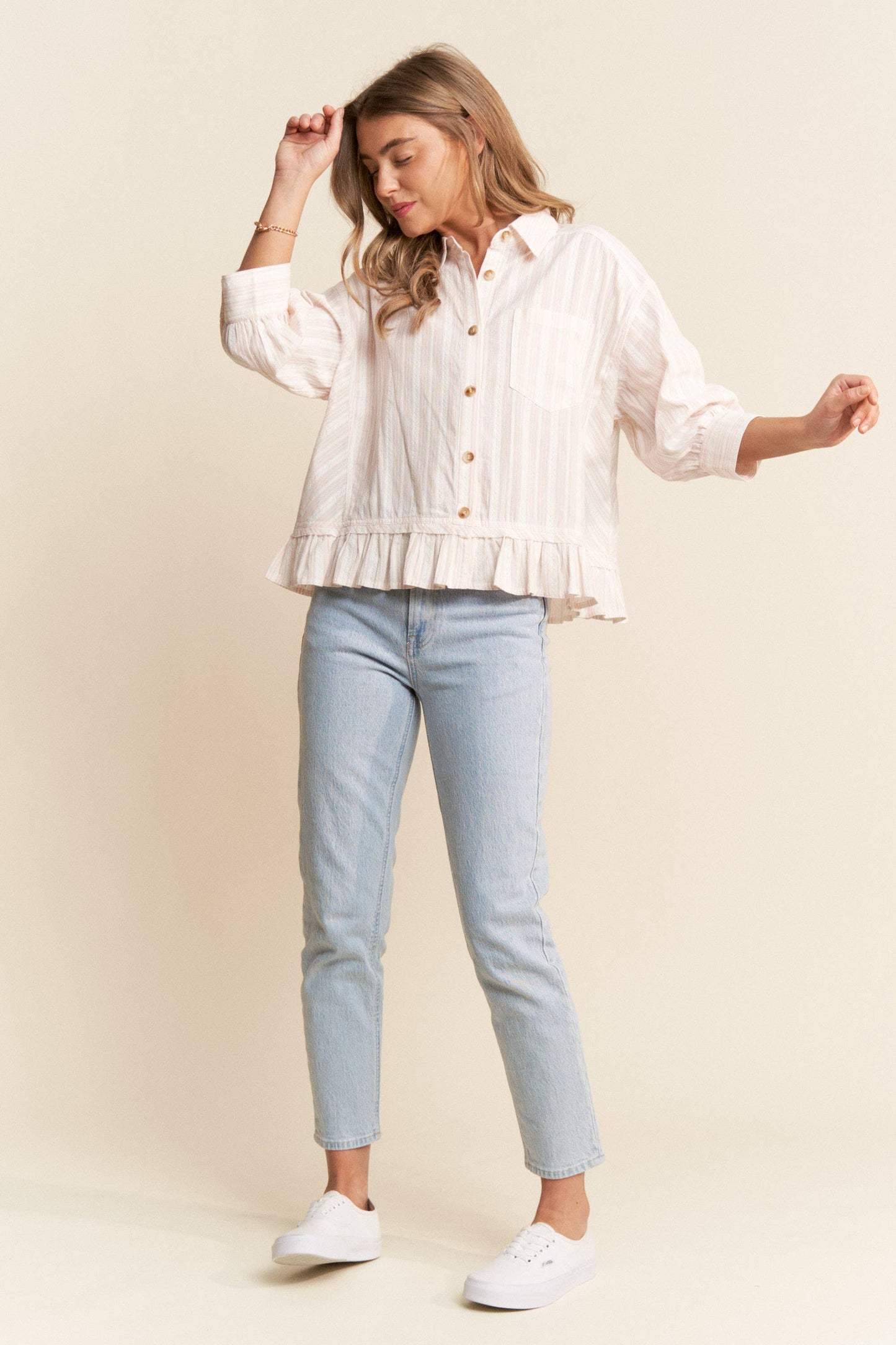 Stripe Jacquard Button Up Pleated Top: Light Pink