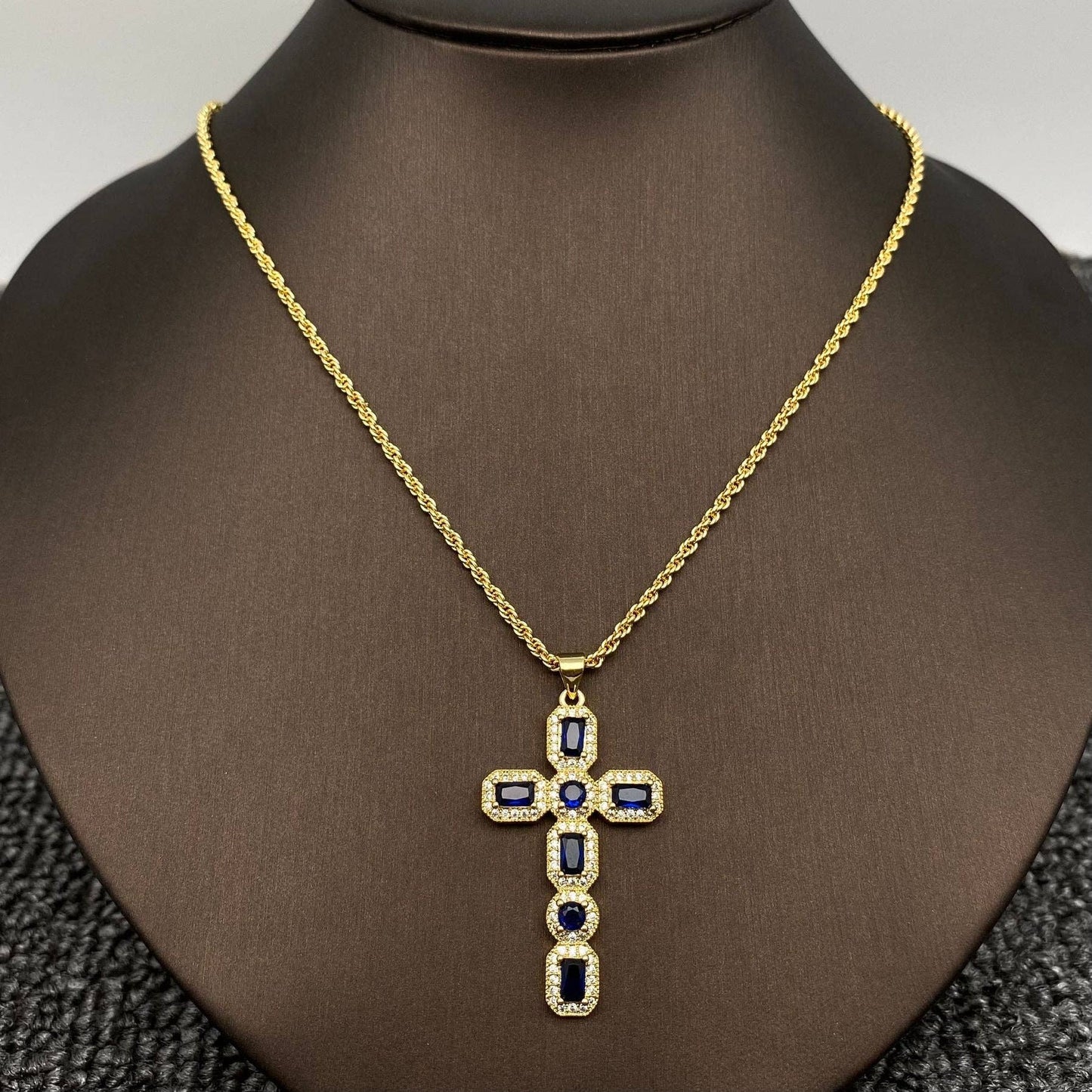 Sparkling Rhinestone Cross Charm 18K Gold Plated Necklace: Blue