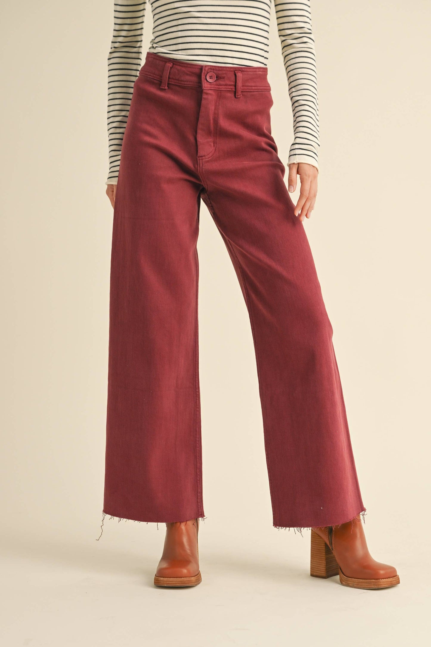 Straight Wide Leg Denim Pants: Maroon