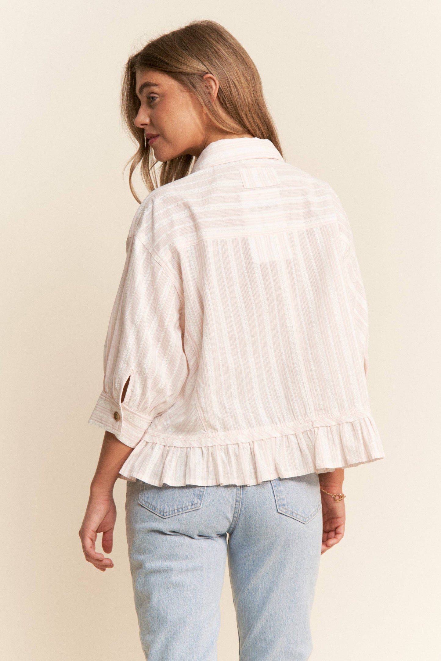 Stripe Jacquard Button Up Pleated Top: Light Pink