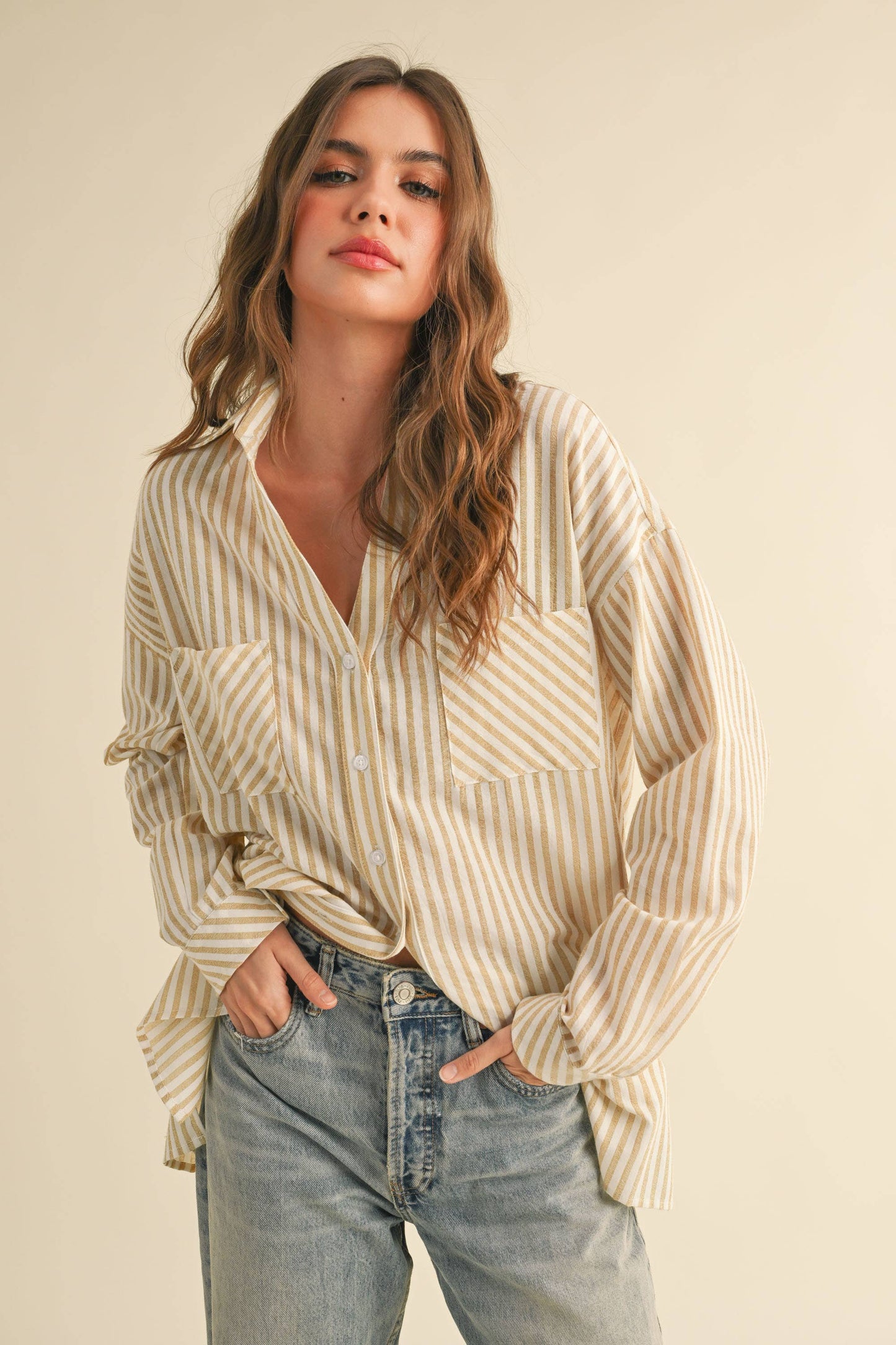 Striped Button Down Shirt: Mustard