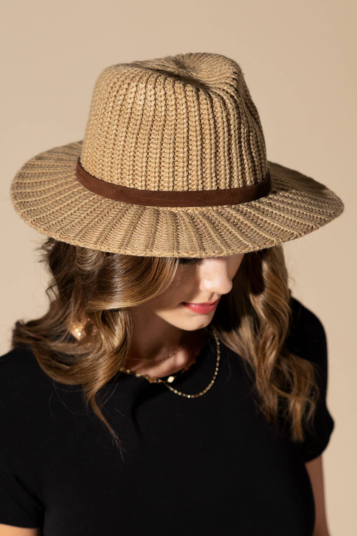 Thick Knit Panama Hat with Belt Band: NAVY