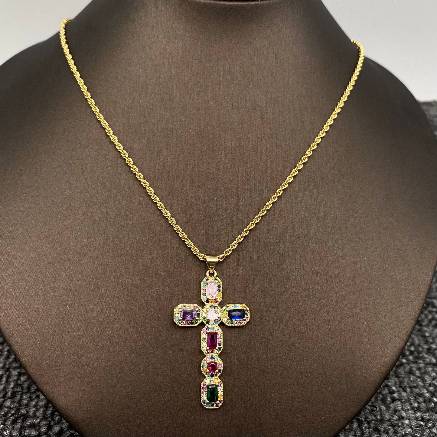 Sparkling Rhinestone Cross Charm 18K Gold Plated Necklace: Blue