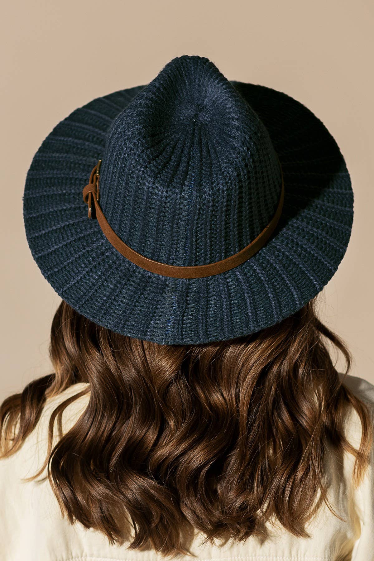 Thick Knit Panama Hat with Belt Band: NAVY