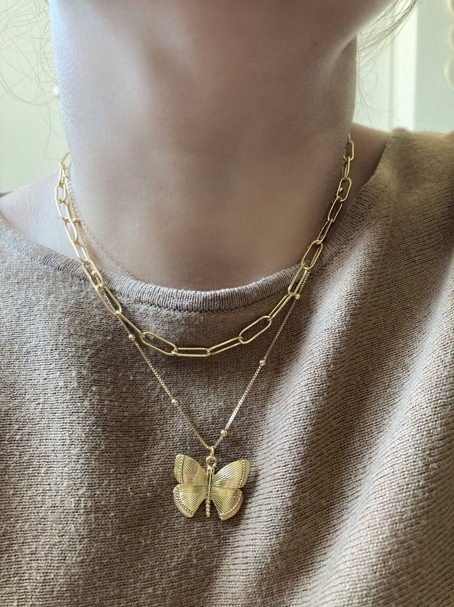 Gold butterfly pendant necklace monarch butterflies wings: Satellite Chain