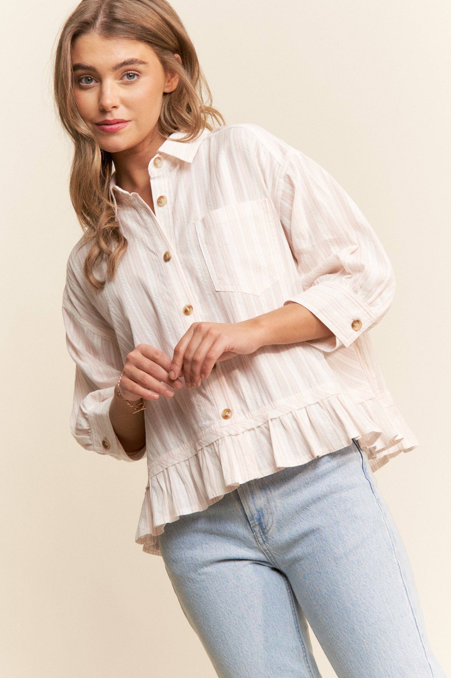 Stripe Jacquard Button Up Pleated Top: Light Pink