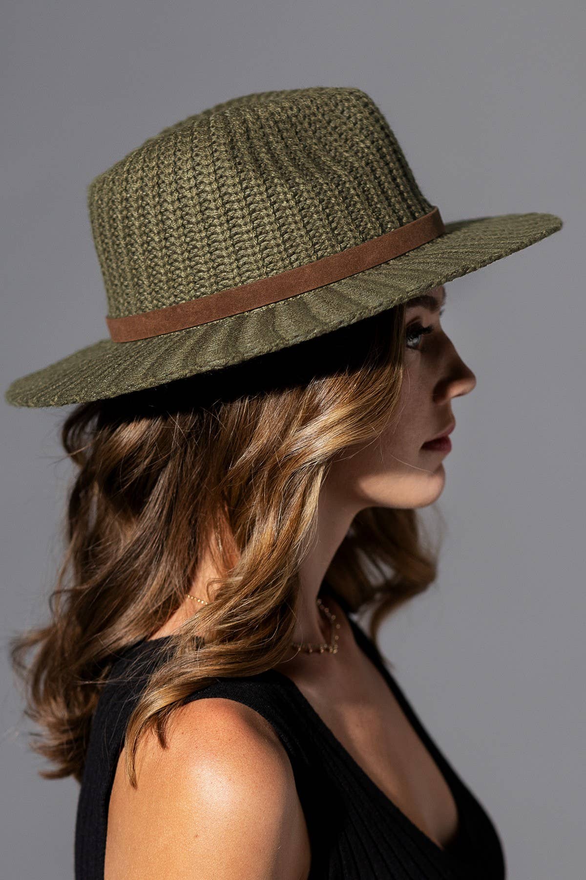 Thick Knit Panama Hat with Belt Band: NAVY