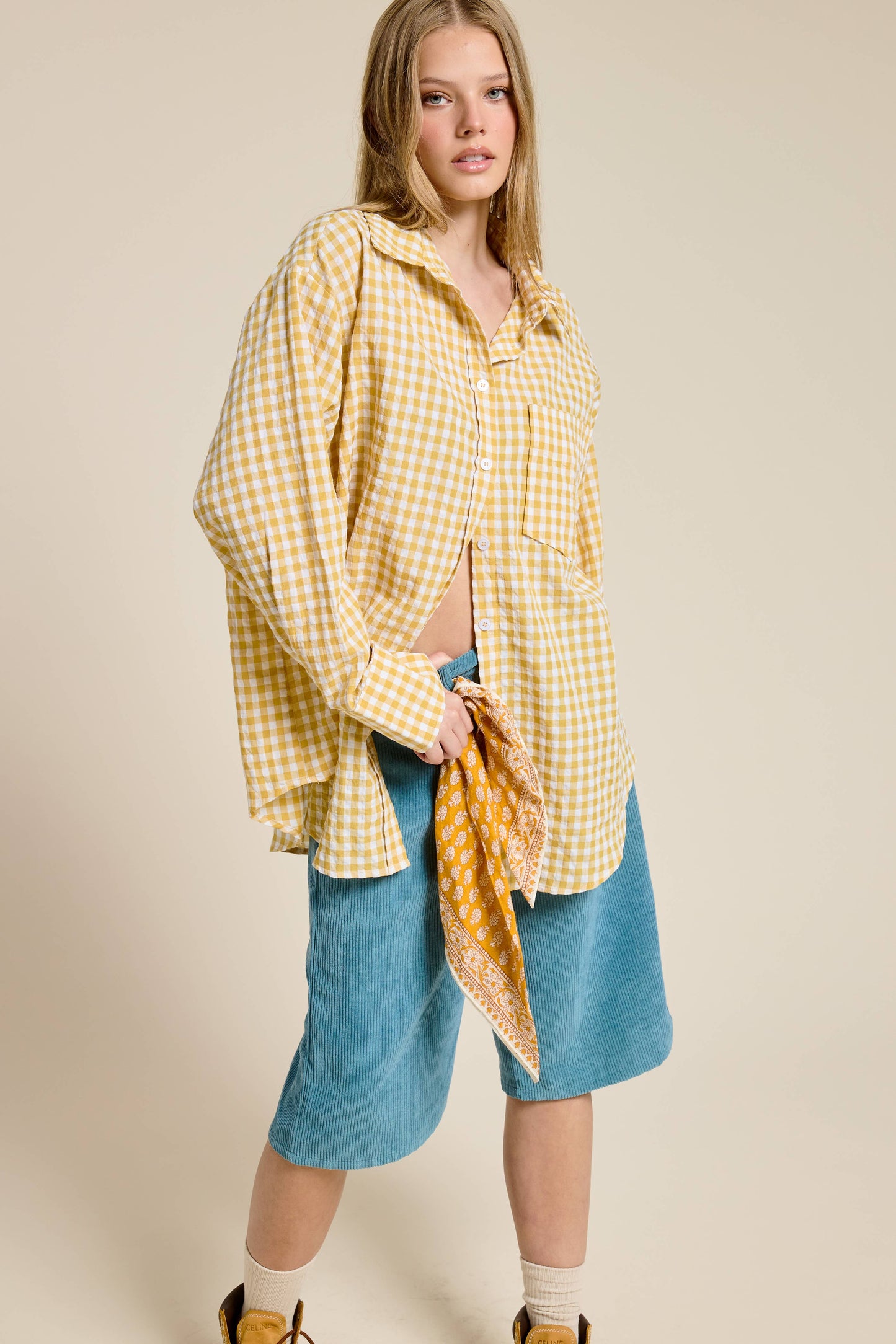Oversized Gingham Button Down Shirt: Gold