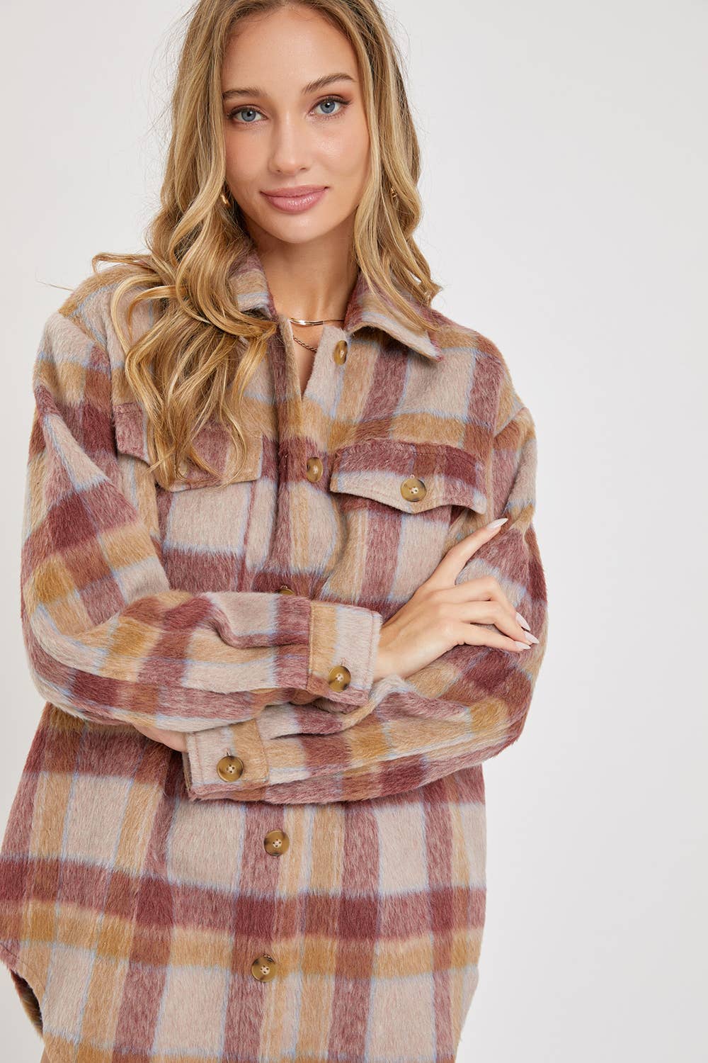 Plaid Shacket: Mauve Burgundy