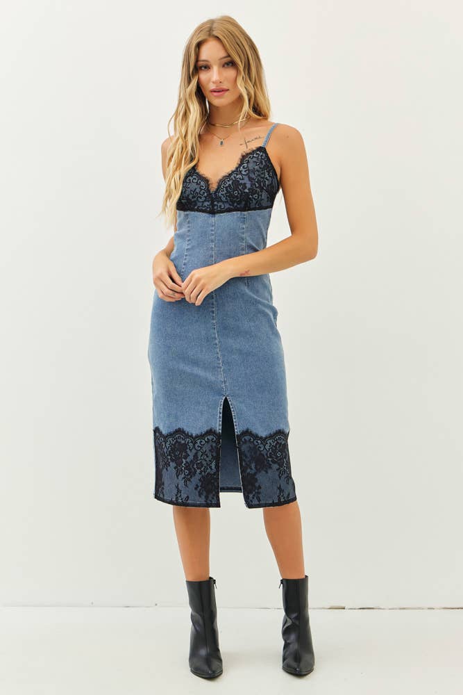 DENIM DRESS WITH FRONT SLIT AND LACE