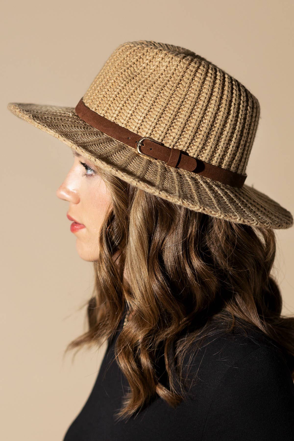 Thick Knit Panama Hat with Belt Band: BLACK