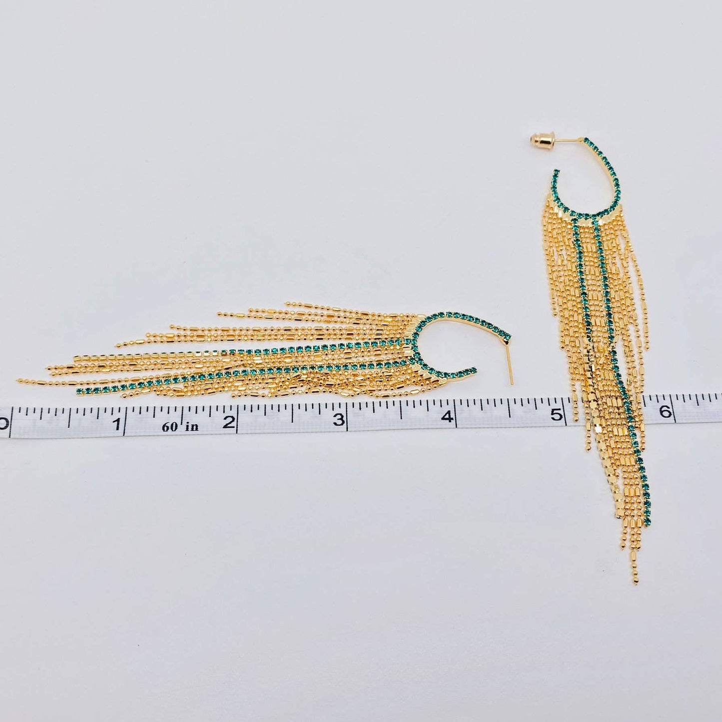 Green Rhinestone Golden Metal Tassel Hoop Earrings