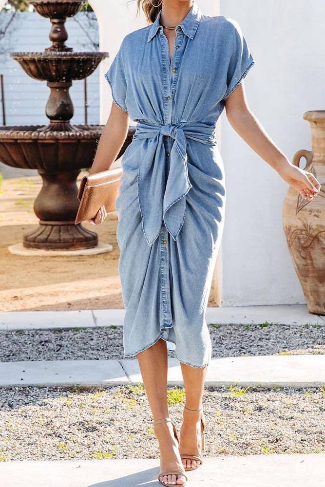 Wash Blue Ruched Buttoned Front Tie Denim Dress