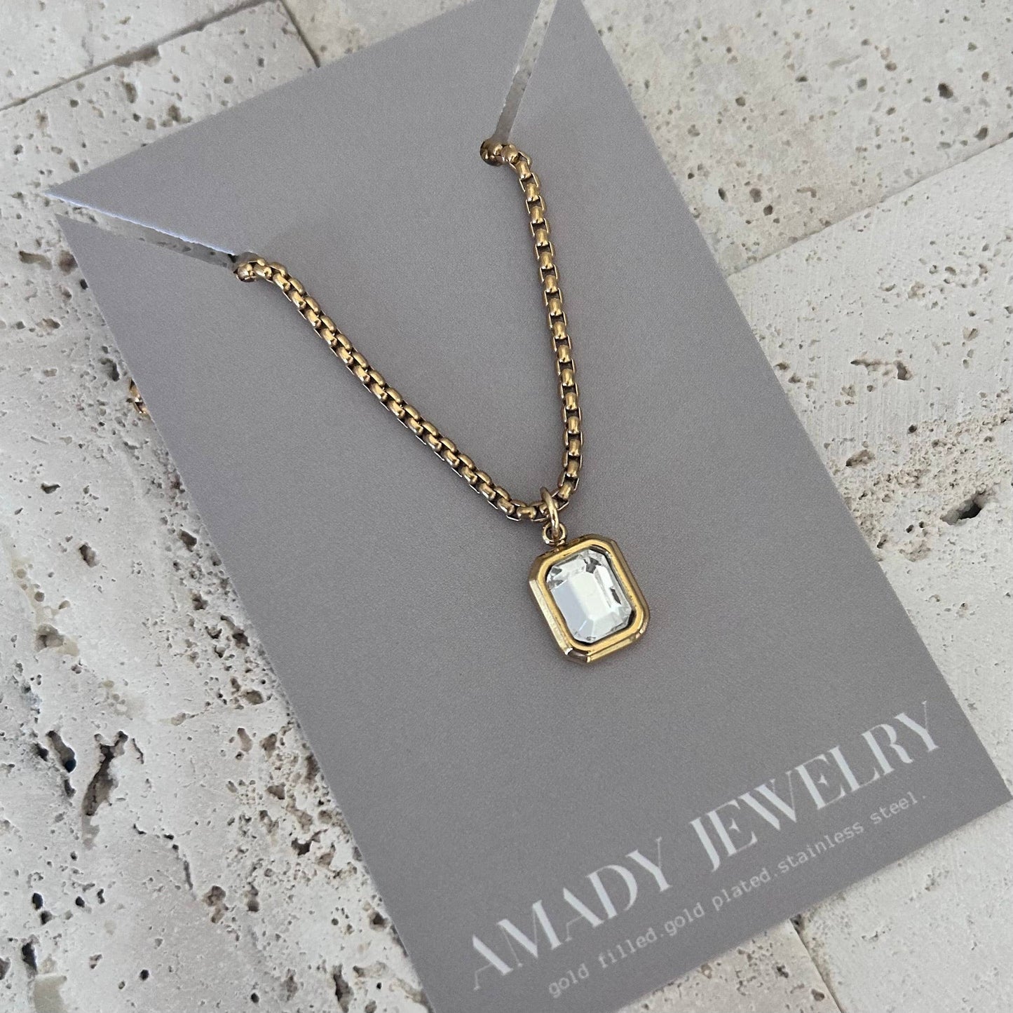 Clear Glass Pendant layering necklace 18k gold plated