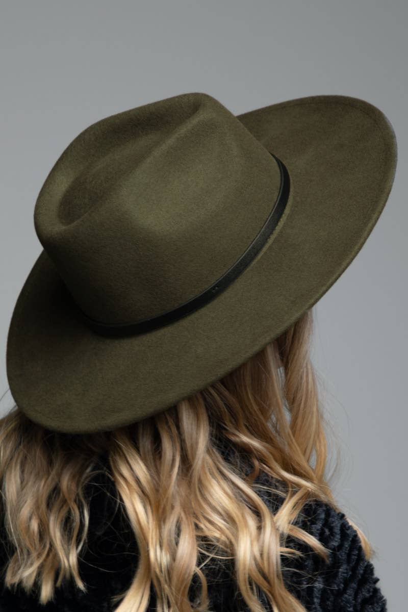 100% Wool Leather Trim Panama Hat: Olive