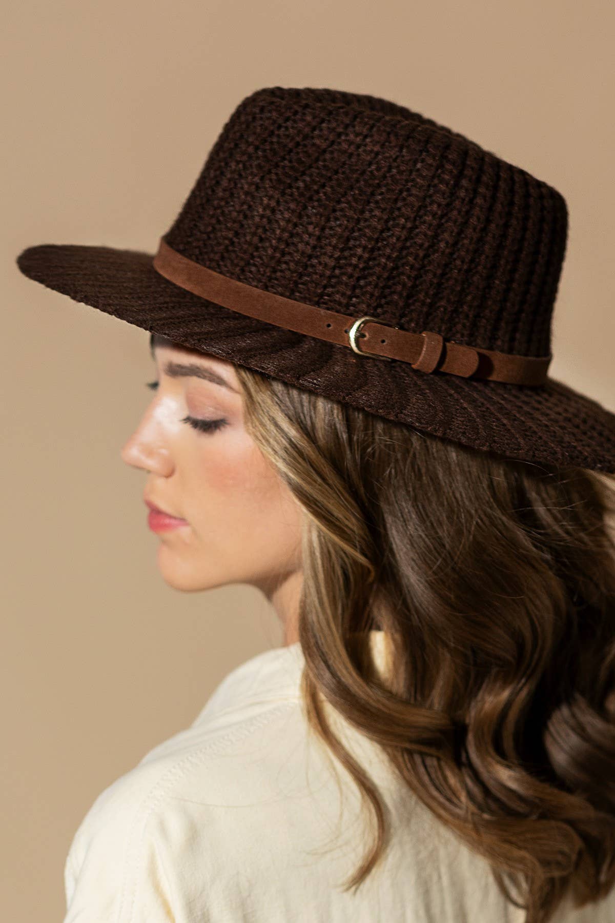 Thick Knit Panama Hat with Belt Band: IVORY