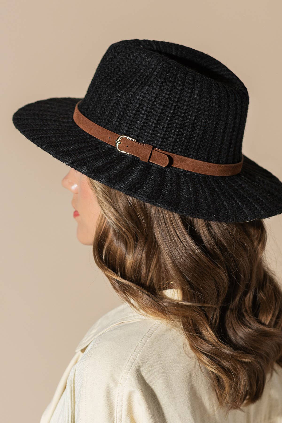 Thick Knit Panama Hat with Belt Band: BLACK