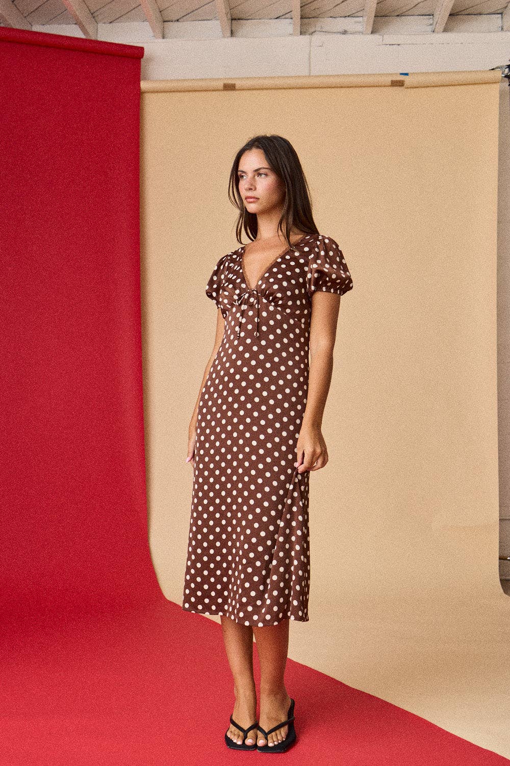Polka Dot Midi Dress: Brown