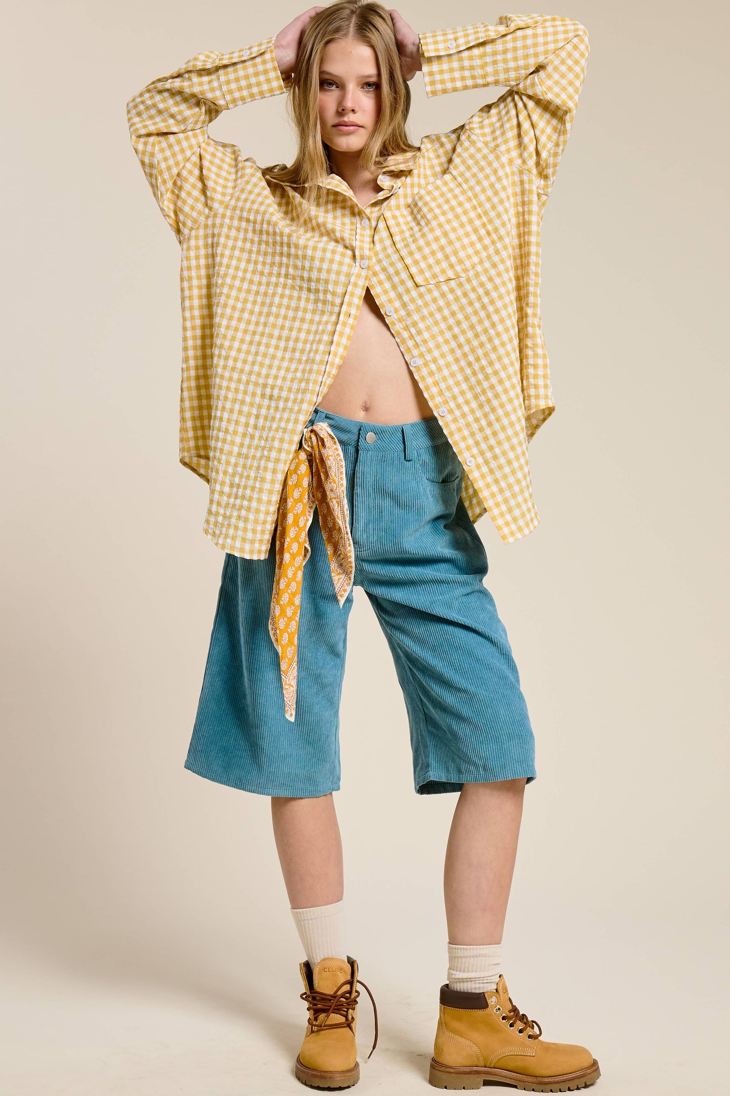 Oversized Gingham Button Down Shirt: Gold