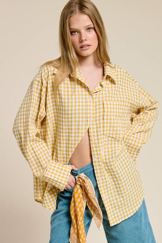Oversized Gingham Button Down Shirt: Gold