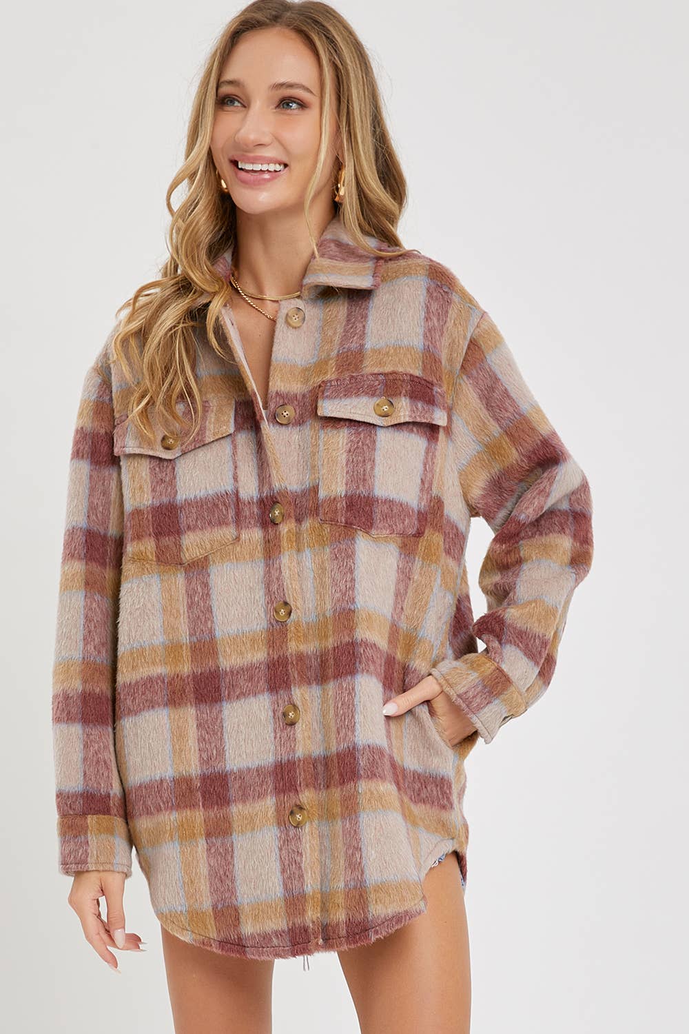 Plaid Shacket: Mauve Burgundy