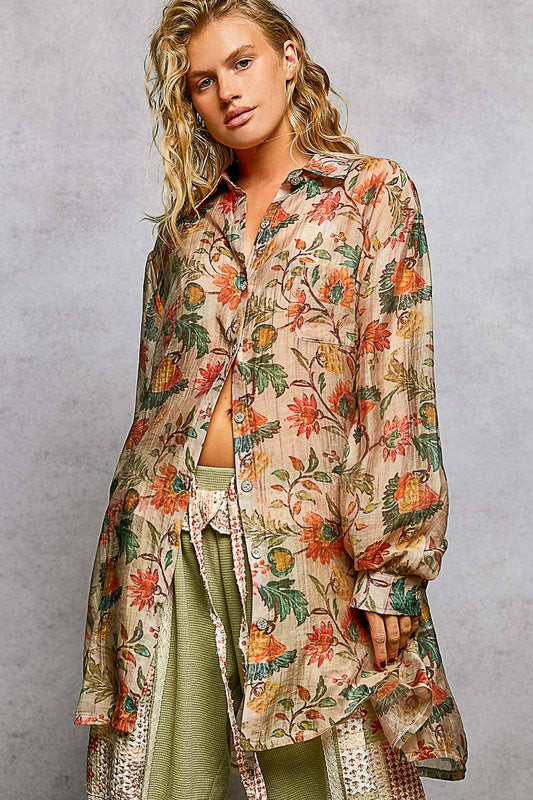Boho Floral Print Long Sleeve Oversized Top