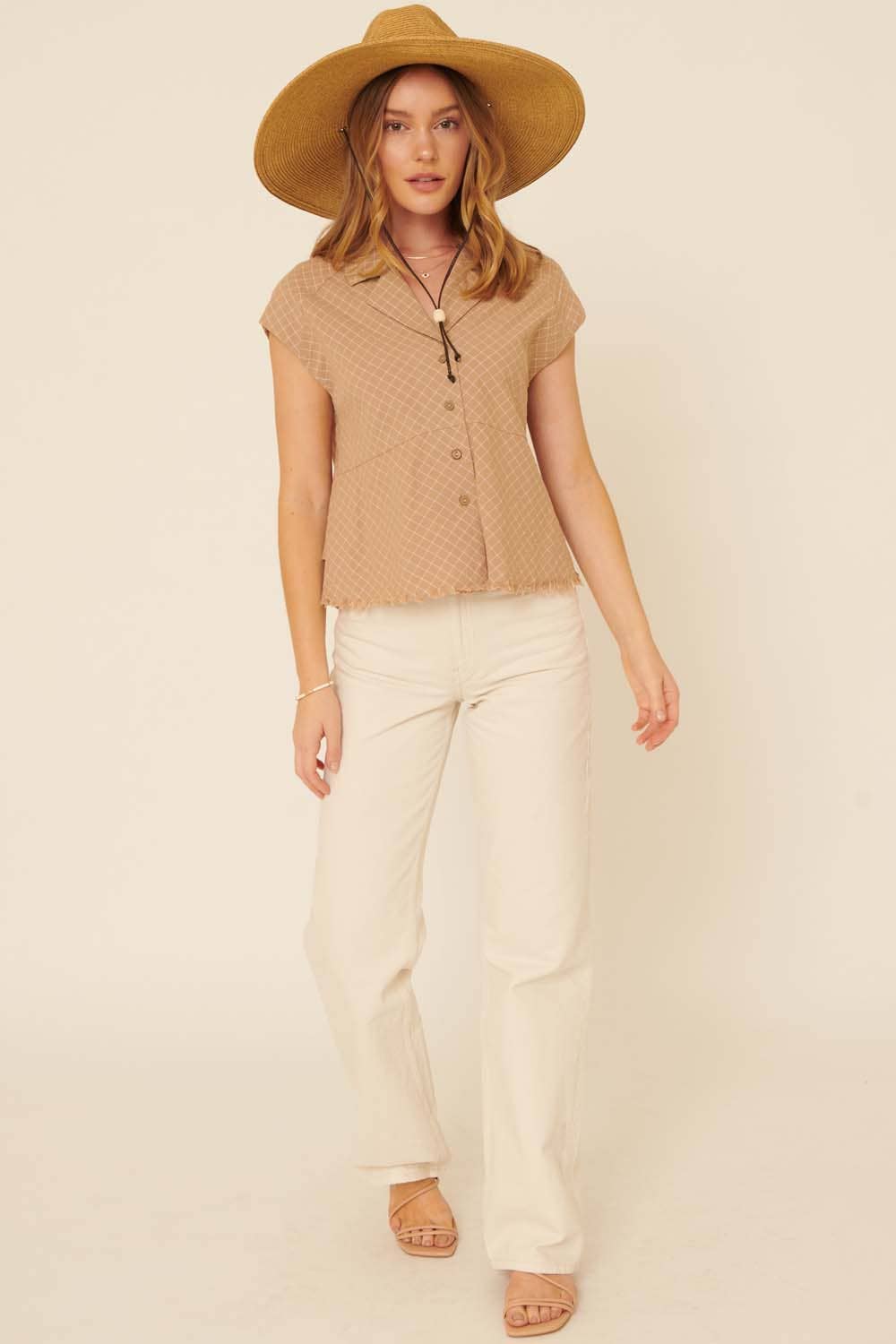 Plaid Notch Lapel Cap Sleeve Button-Up Shirt: Sand