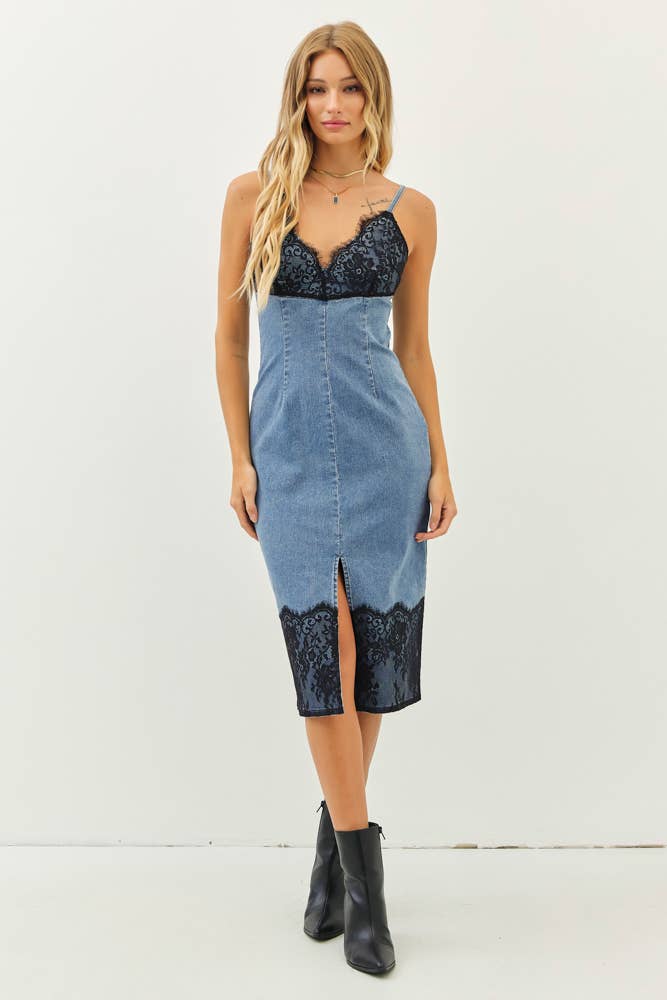 DENIM DRESS WITH FRONT SLIT AND LACE